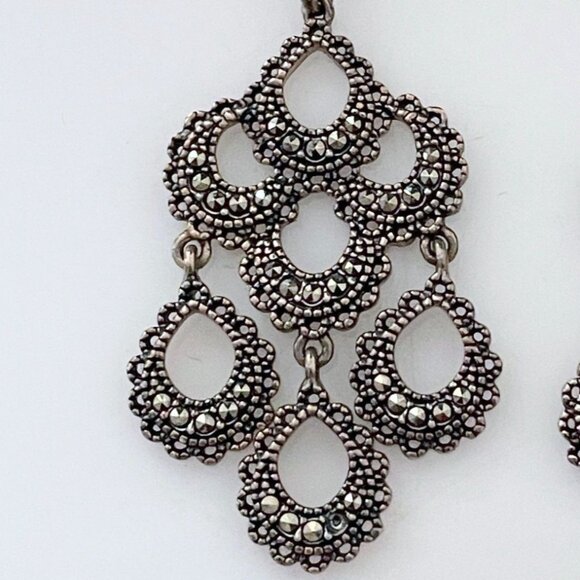 Vintage Judith Jack Sterling Marcasite Chandelier Lever Back Pierced Earrings 2" - Picture 2 of 5